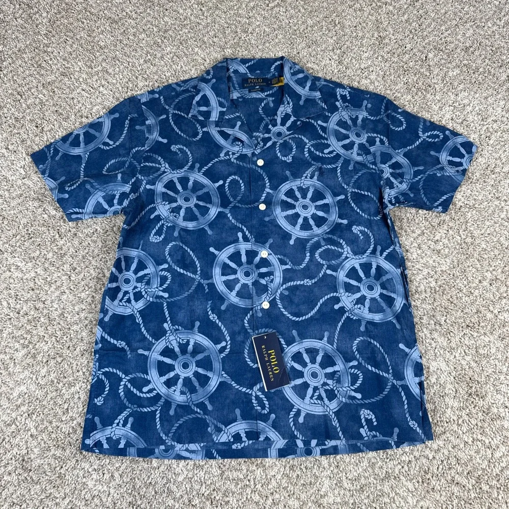 Polo Ralph Lauren Shirt Mens M Blue Ship Wheel Rope Linen Nautical Button Down